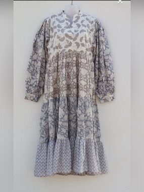 Ginko Leaf Hand Block Printed Cotton Dress L